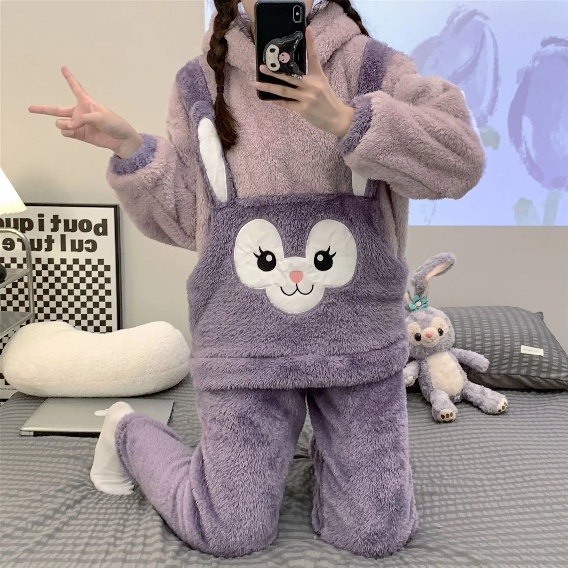 Coral Velvet Pajamas Women's Winter One-piece Cartoon Cute Students Thickened Flannel Autumn and Winter Home Clothes