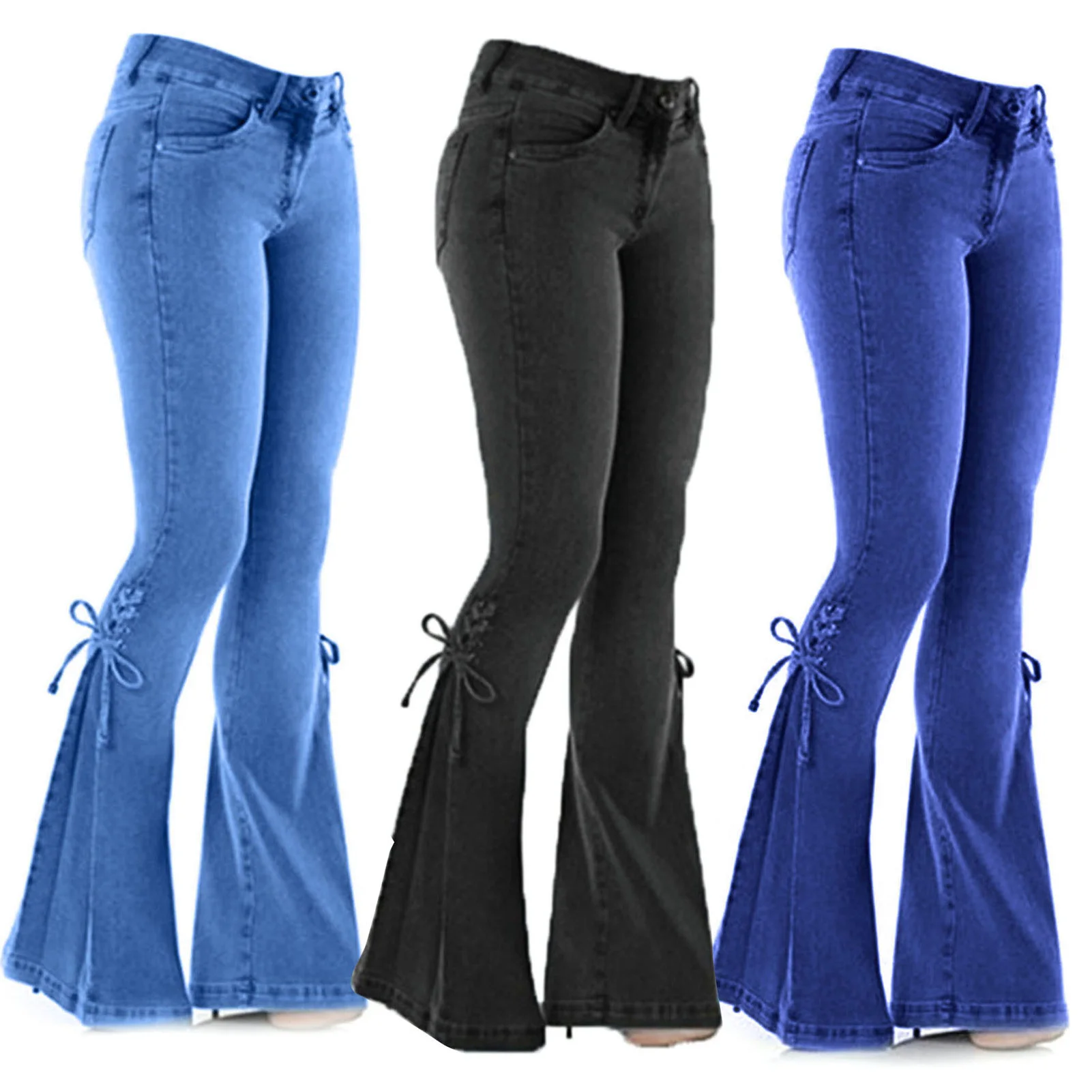 

2023Hot пикантные джинсы-клеш со средней талией, Стрейчевые брюки для женщин, облегающие джинсы из денима, широкие брюки, повседневные обтягивающие брюки в Корейском стиле с колокольчиком