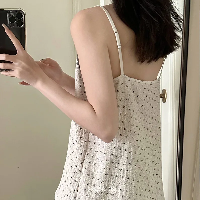 The Summer Pajamas Women Bubble Cotton Thin Cool Feeling Sleeveless Sling Shorts Sleepwear Suit Lace Decoration Sexy Loungewear