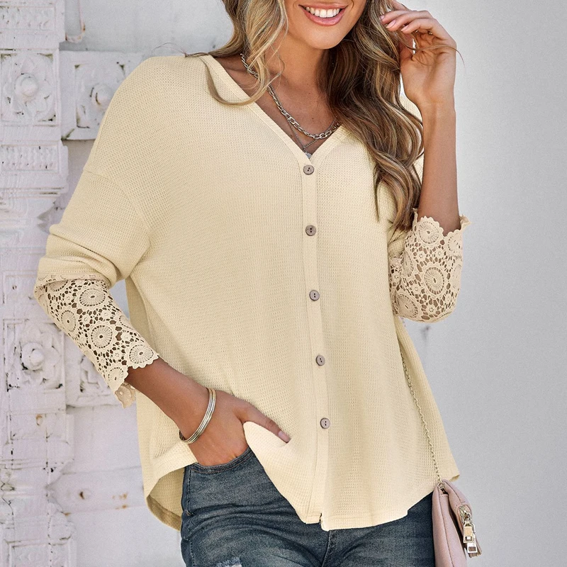 

Модная рубашка с V-образным вырезом и длинным рукавом, Осенние Ажурные топы, элегантная женская одежда, повседневная однобортная блузка, блузы 23738