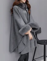 ladies woolen coat cloak fox fur collar warm cloak 2021 new winter coat bat wing fluffy sleeve cloak jacket