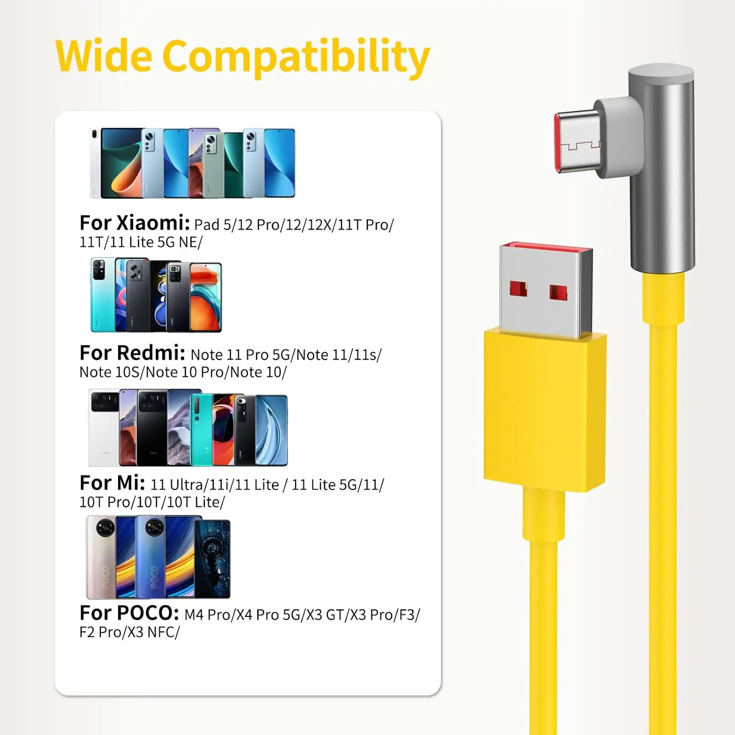 Угловой кабель 90 градусов для быстрой зарядки игр USB-кабель типа C 6A Xiaomi Redmi Note POCO F5