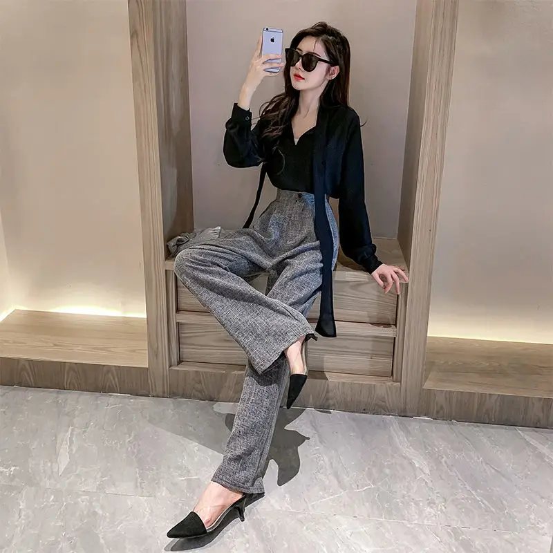 

Woman Sports Suit Spring New Female Knitted V-neck Tops Sweater Jacket and Wide Leg Straight Pants Two-piece Women's Suit G58