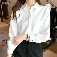 elegant fashion korean white long sleeve covered button comfortable blouses straight loose wild solid color shirt women clothing