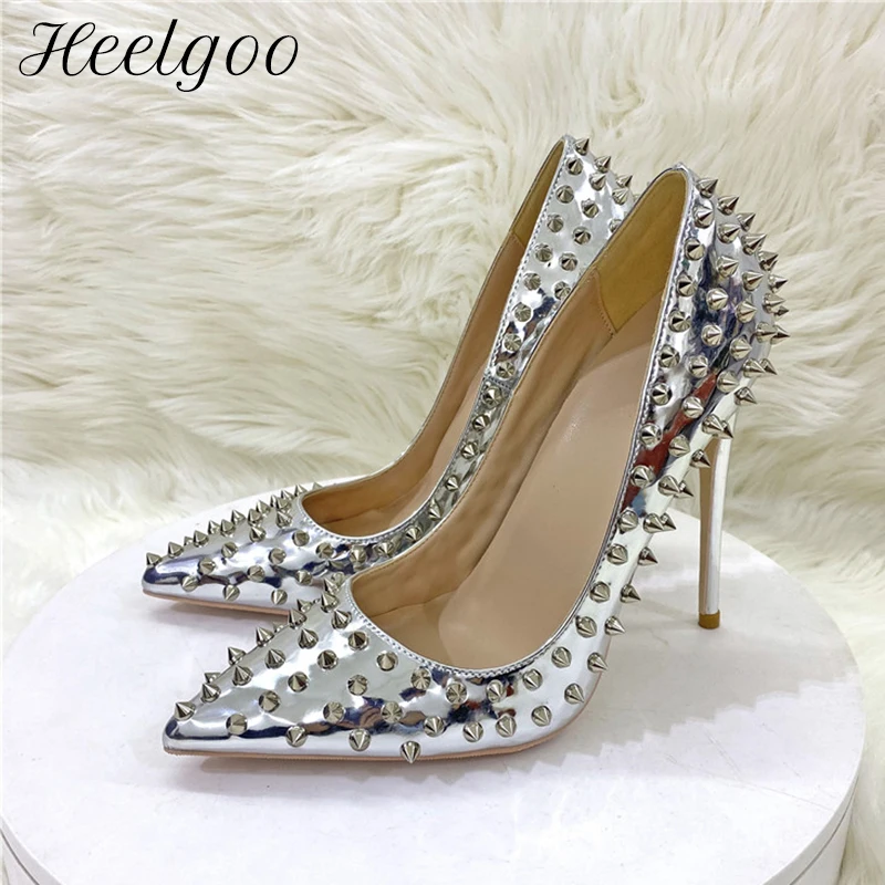 

Heelgoo Full Spikes Women Glossy Silver Pointy Toe High Heel Shoes 8cm 10cm 12cm Sexy Rivets Studs Stiletto Pumps Size 44 45 46