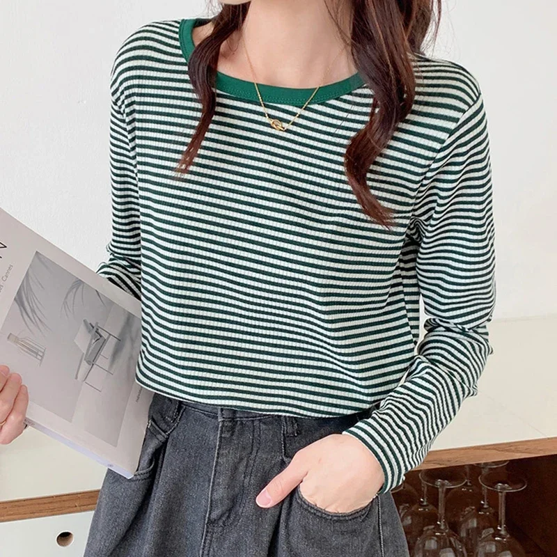 

Tee Shirt Femme Striped Long Sleeve T Shirt Women 2023 Autumn Korean Woman Clothes Casual Tops Cotton T-Shirts Camisetas Mujer