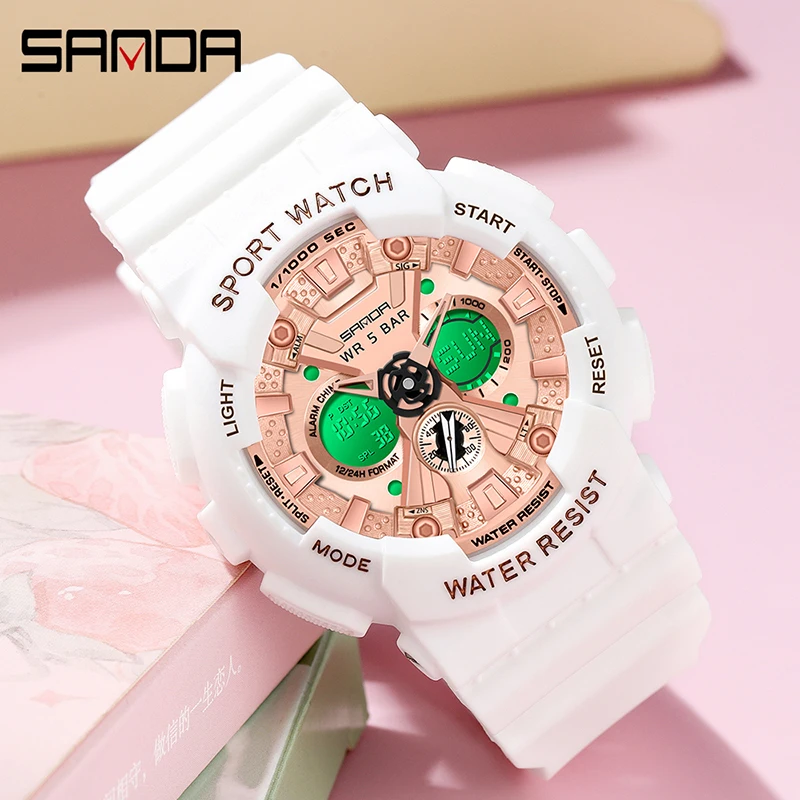 SANDA Luxury Brand Multifunctional Dual Display Women Watch Luminous LED Alarm Timer 50M Waterproof Outdoor Sports Watches 6068