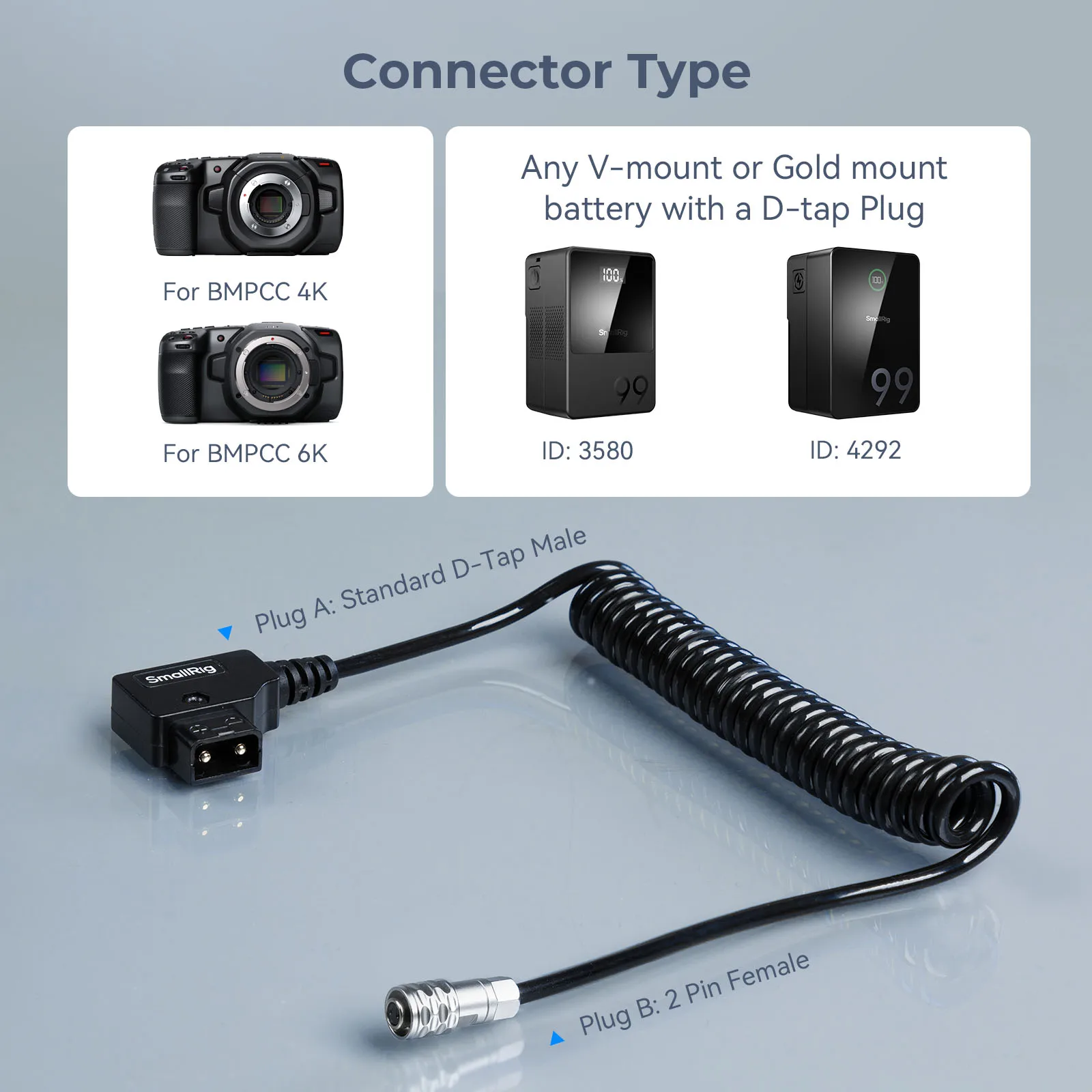 Спиральный кабель питания SmallRig D-TAP к BMPCC 4K6K для карманной кинокамеры Blackmagic 4K6K для аккумулятора с V-образным креплением и золотым креплением 4761 (art.: 3920c8927b014) - 3920c8927b014