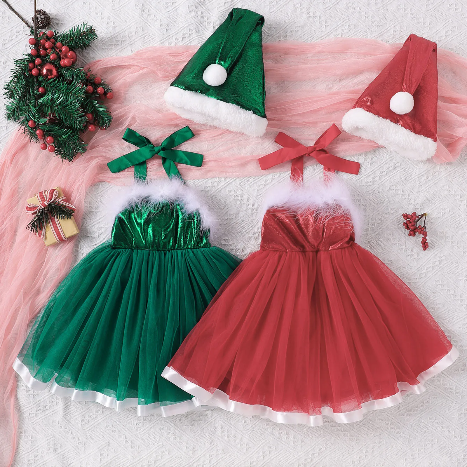 

Рождественское платье для девочек, детское платье без рукавов с бантом + шапка Санта-Клаус, рождественские костюмы, наряд на Новый год 2023