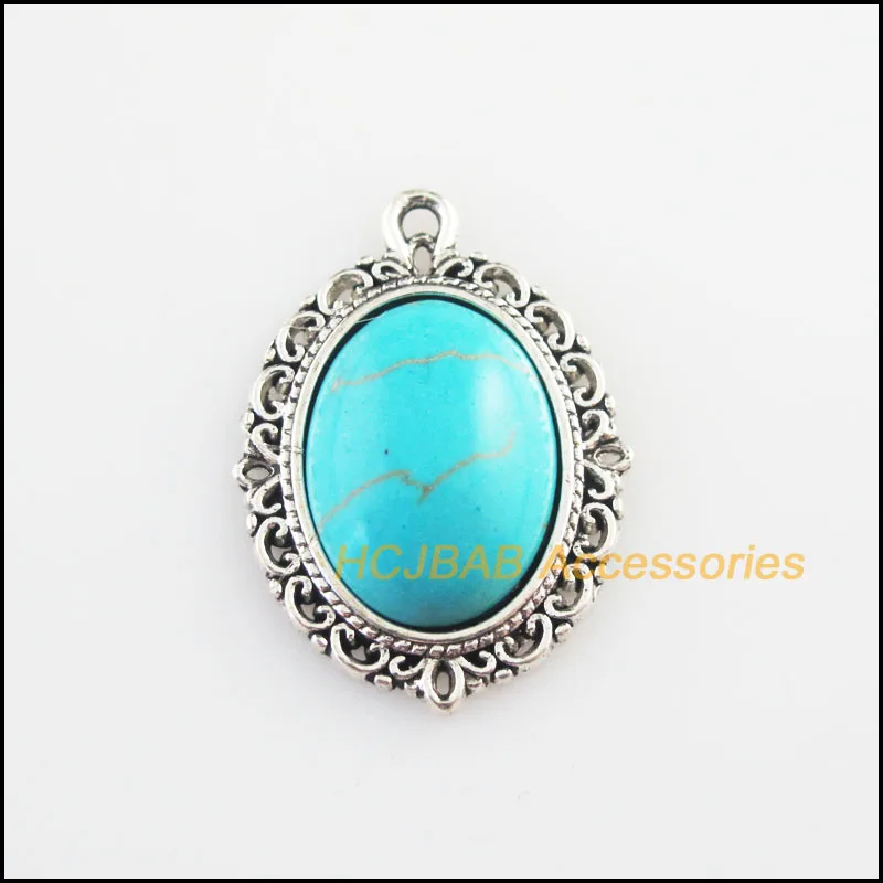 Модные посеребренные Подвески в виде тибетского цветка с овальным синим камнем, 8 шт., 21x29 мм