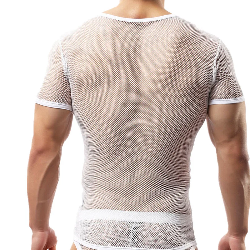 FYXLJJ Men Mesh See Through Fishnet T-shirt Man Sexy V Neck Short Sleeve Transparent Tee Tops Homme Hip Hop Streetwear Camisetas