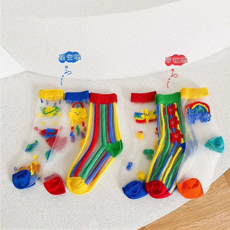 

3 Pairs New Arrivals Summer Thin Soft Breathable Children's Socks Fruit Flower Rainbow Embroidery Silk Sock for Girl / Boy