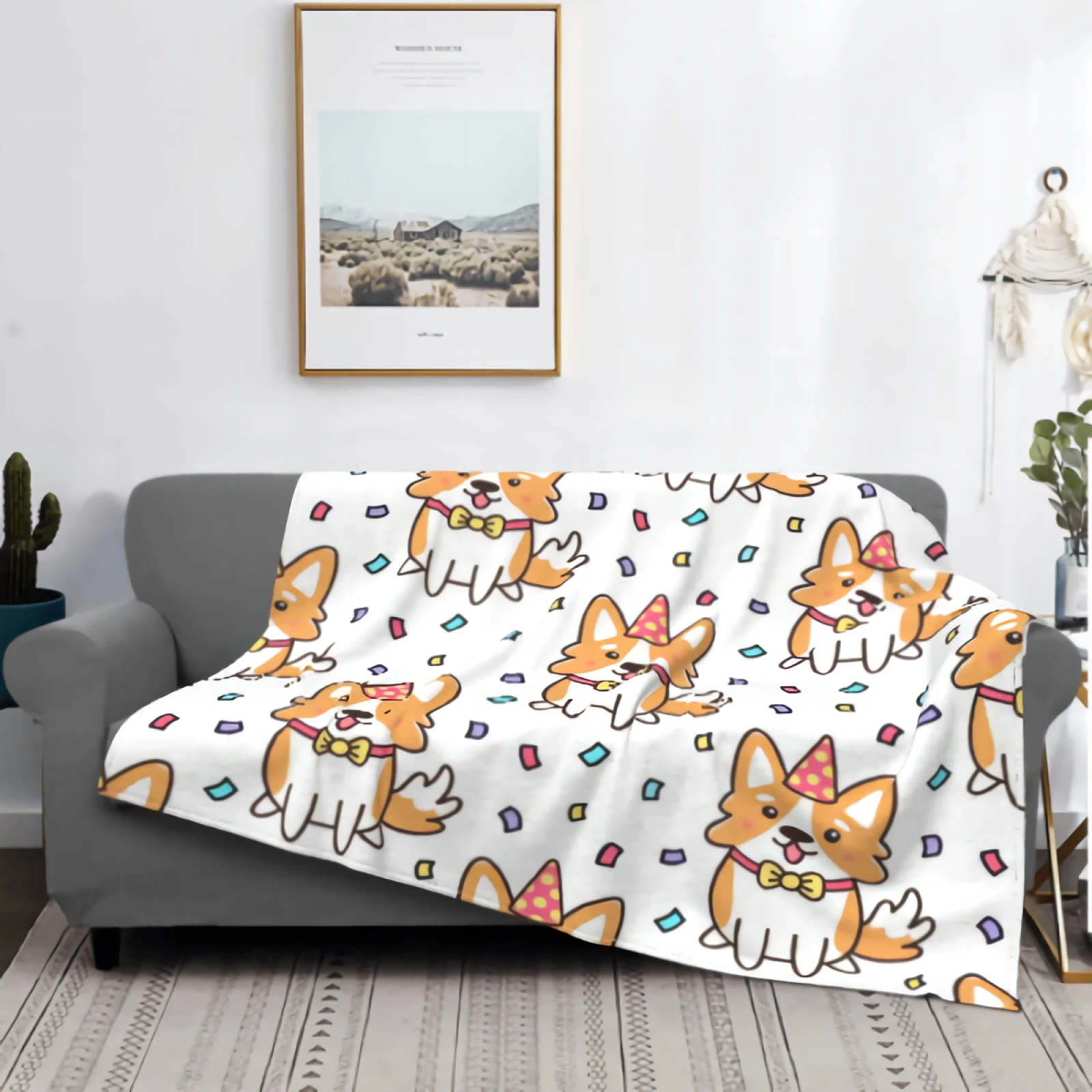 

Seamless Pattern With Birthday Dog Of Breed Welsh Corgy In Hat And Confetti Blanket Soft Cozy Plush Microfiber Fluffy Blanket