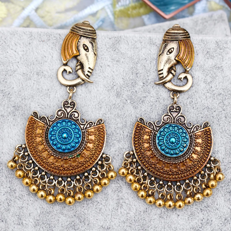 Indian Jhumka Elephant Earrings Gypsy Afghan Jewelry Retro Ethnic Antique Beads Drop Tassel Earrings for Women Bohemian Gift images - 6