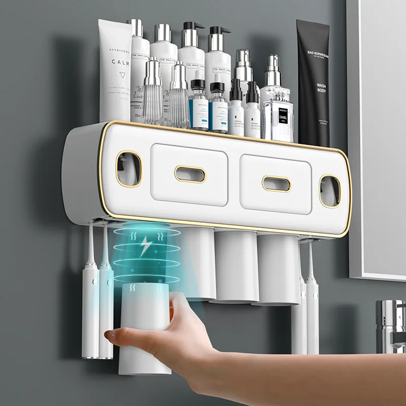 

Toothbrush Holder Wall Mounted No Punching Bathroom Accessories 2 Toothpaste Dispensers With Storage Drawer Bathroom Organizer