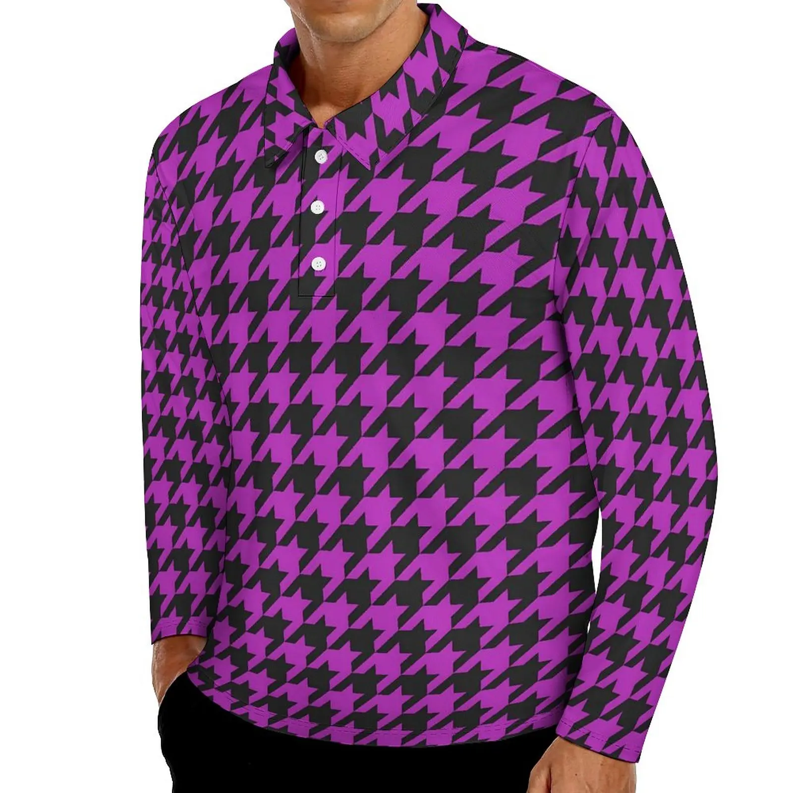 

Houndstooth Check Casual T-Shirts Purple And Black Polo Shirts Men Trendy Shirt Autumn Long Sleeve Custom Tops Big Size
