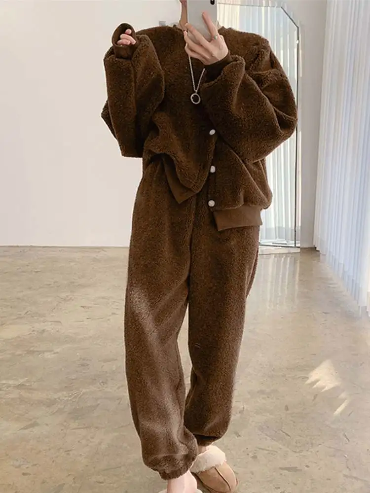 

2022 Fashion Solid Velvets 2 Piece Sets Spring Autumn Long Pant Suit Lady Casual Outfits Oversized ZANZEA Plush Sweatshirt Suits