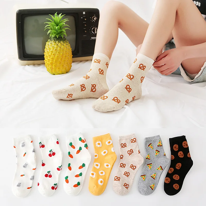 Women's Socks Spring Summer Funny Cartoon Fruit Food Animal Cherry Pizza Rabbit Middle Tube Socks Korean Fashion Kawaii Girl Sox