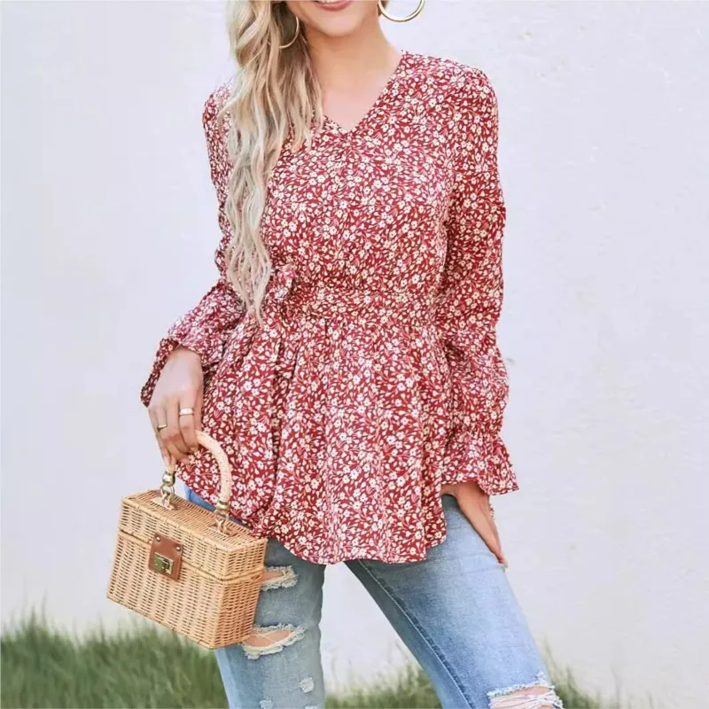 Сплошной цвет элегантная женская блузка с цветочным принтом осенняя