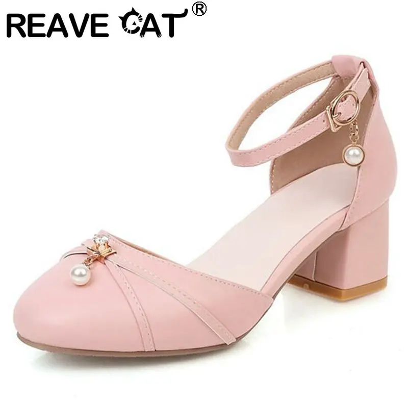 

REAVE CAT 2022 Women Sandals Round Toe Chunky Cover Heels Pearl Buckle Ankle Strap Sweet Big Size 30-43 White Pink Concise S3728