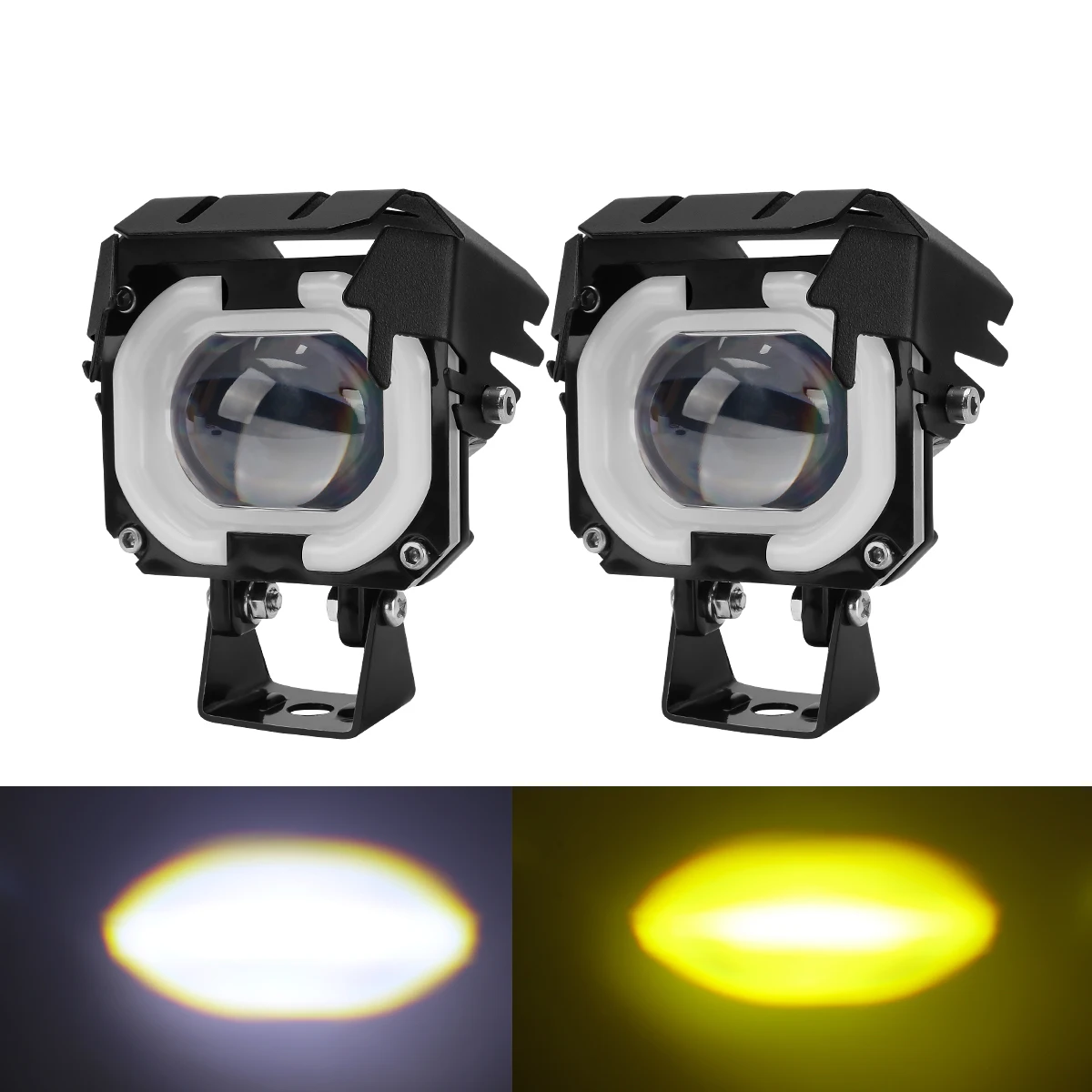 

1 пара универсальных светодиодных прожекторов для вождения мотоцикла, 12 В, двухцветный, дальнего/ближнего света, мото-фара с пылезащитой, светодиодный светильник «Ангельские глазки»