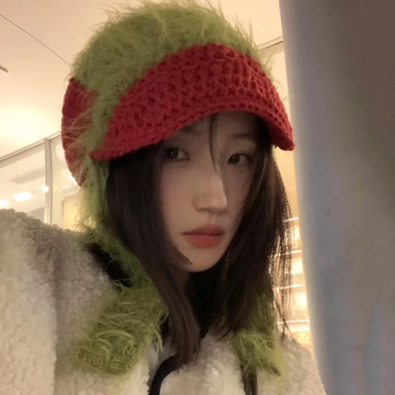Корейская милая забавная цветная вязаная шерстяная шапка-бомбер женская