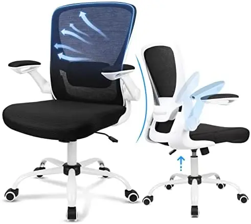 

Office Chair, Ergonomic White Desk Chair Adjustable Mesh Computer Chair with Lumbar Support and Larger Seat Flip UP Armrest Swiv
