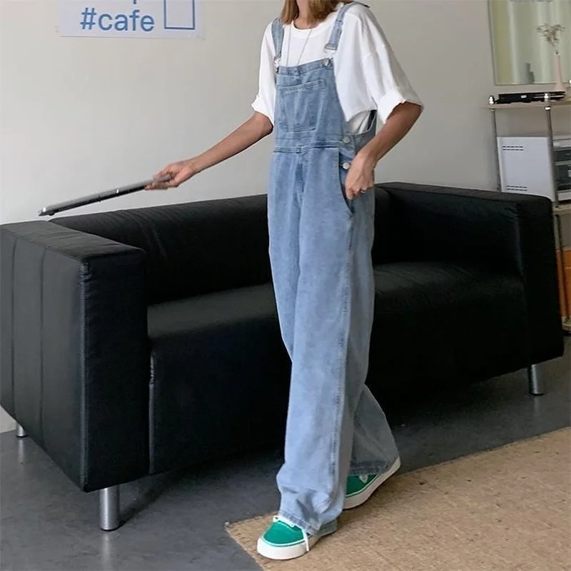 Jumpsuits Women Wide-leg Denim Trousers All-match Solid Blue Suspenders Students Empire Korean Fashion Streetwear Chic Bottoms