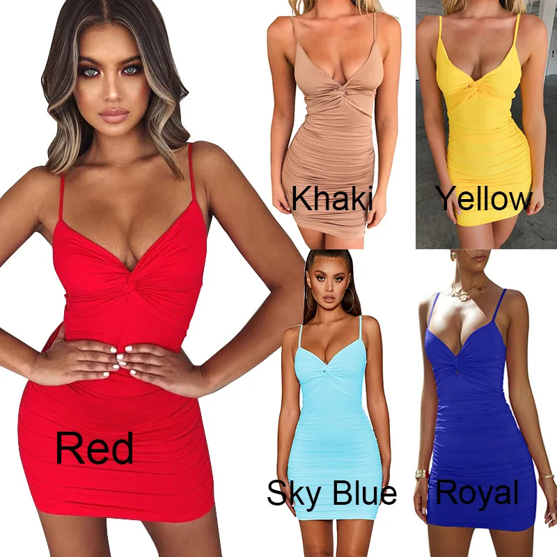 

Dresses for Women Bandage Bodycon Dress Summer 2022 V-neck Suspender Dress Sexy Knotted Fold Nightclub Hollowed-out Mini Skirt