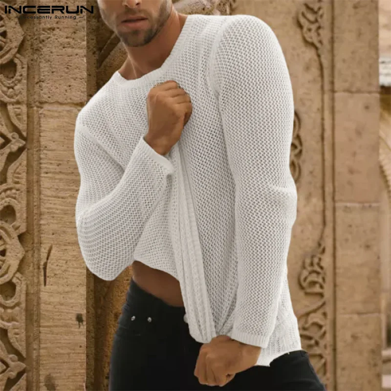 

Футболка INCERUN Мужская Прозрачная с круглым вырезом и длинным рукавом, 2023