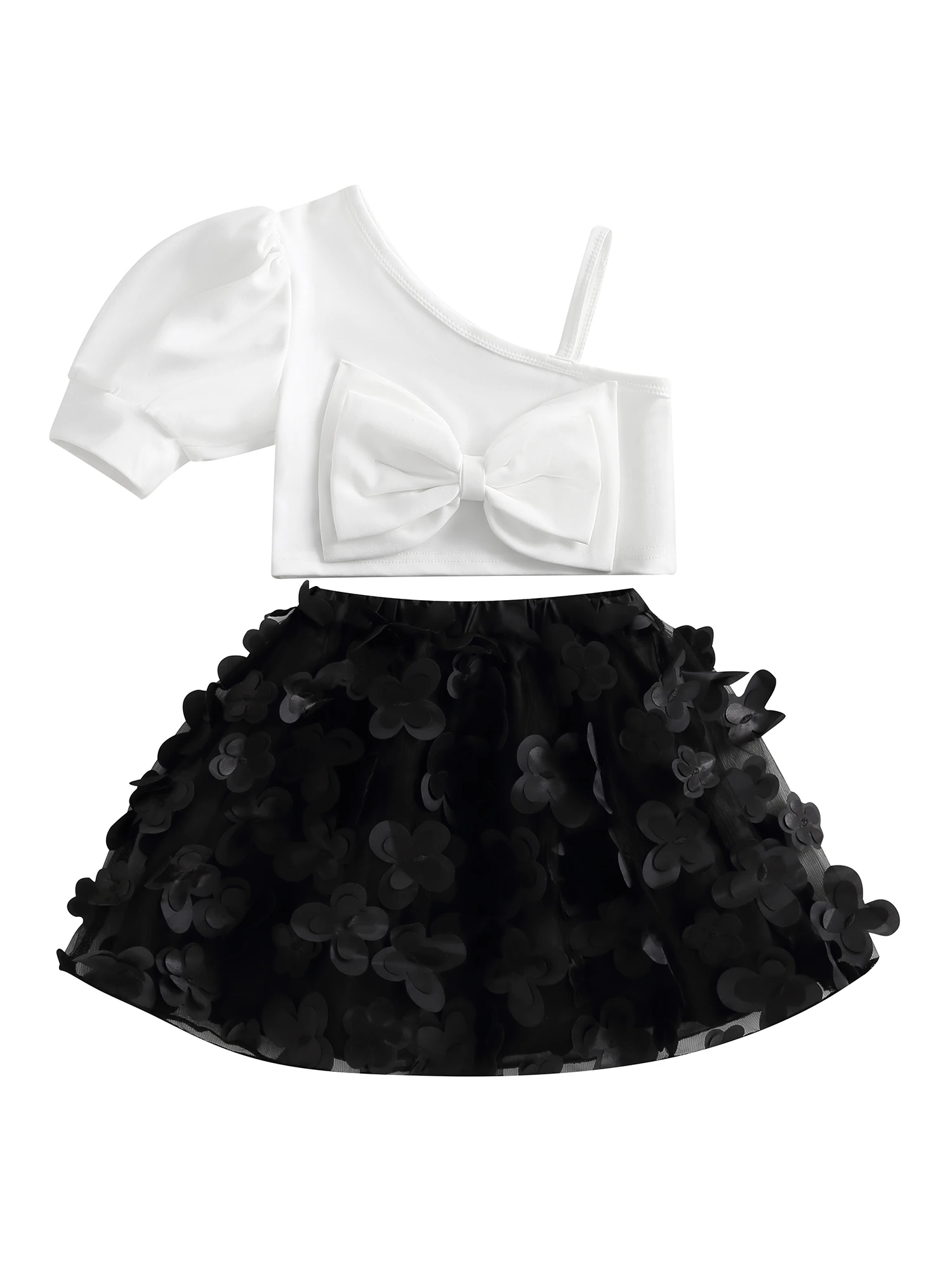 

Little Kids Toddler Girl Summer Clothes Puff Sleeve One Shoulder Bow Crop Top 3D Butterfly Skirts Set Chic Outfits 2Pcs
