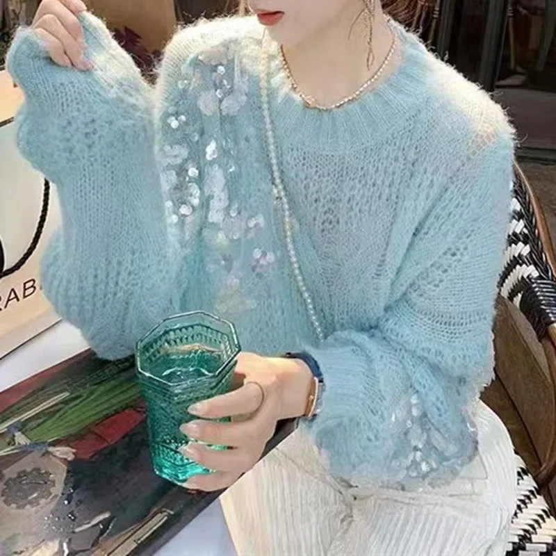 Enlarge 2022 Early Autumn Pullover Women Sweater Korean Gentle Casual Women Sequin Knitwear Niche Pullover Sweater