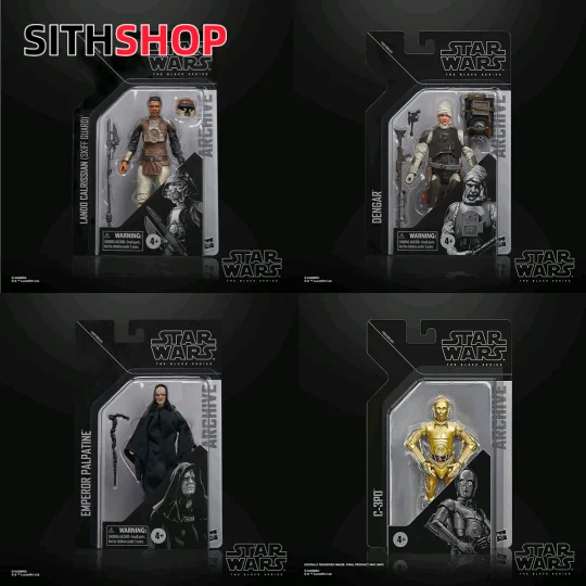 

Collectible Hasbro Action Figures: Emperor Palpatine, Lando Calrissian, and C-3PO from Star Wars Movie Series
