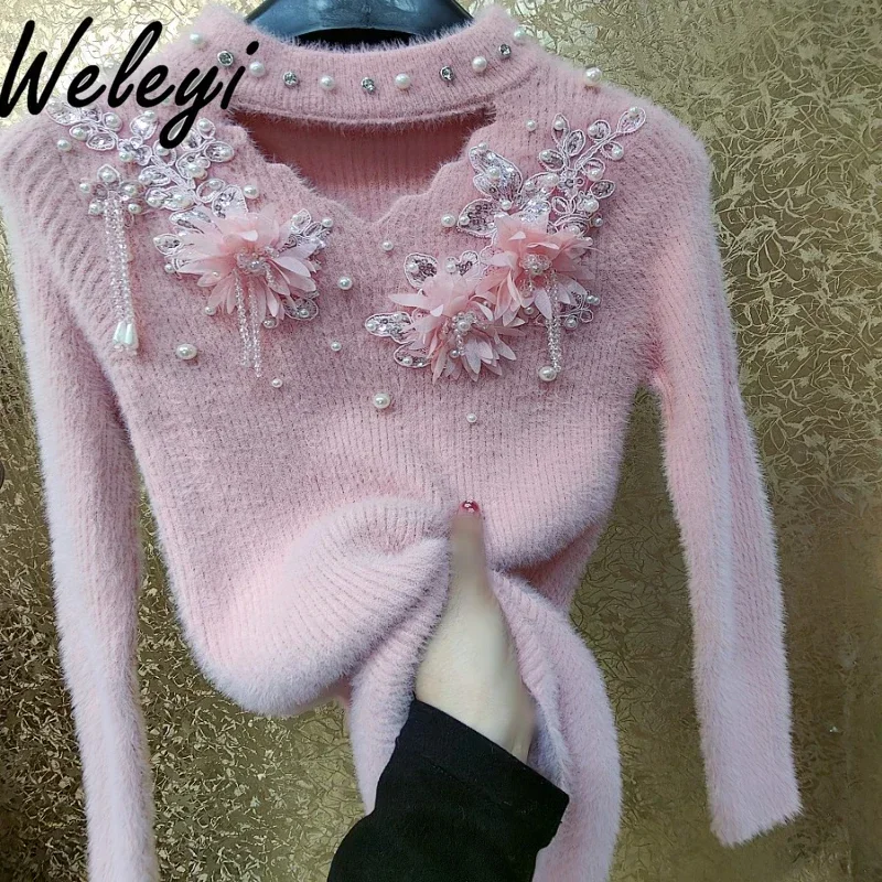 Свитер женский в китайском стиле милый розовый утолщенный Блестящий пуловер из