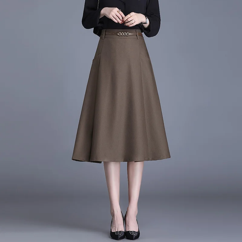 

Women High Waist Solid Pocket A-Line Skirt Spring Autumn Office Lady Elegant Mid-long Skirt Simple Casual Black Coffee Skirts