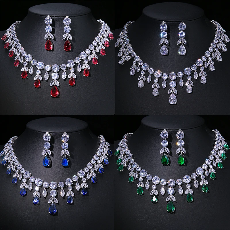 

SUGO Ner Arrival Dubai Luxury High Quality Zirconia Water Drop Tassel Earrings Necklaces Sets for Noble Brides Wedding Jewelry