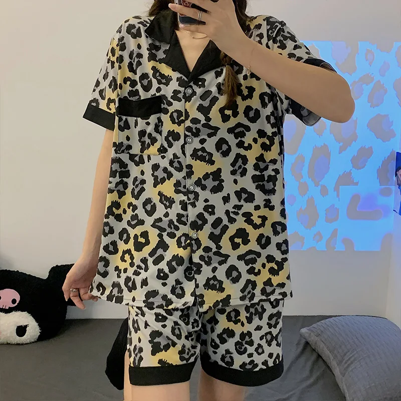Leopard Print Cotton Pajama Sets Womens Summer Top and Shorts Loungewear Casual Pajamas Set Women Loose Sleepwear Home Suit Lady
