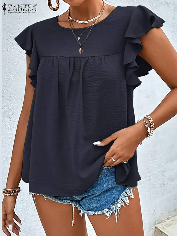 

ZANZEA Summer Fashion Blouse Women O-Neck Fly Sleeve Blusas Femme Elegant Work Tops Causal Solid Pleated Shirt Tunic Chemise