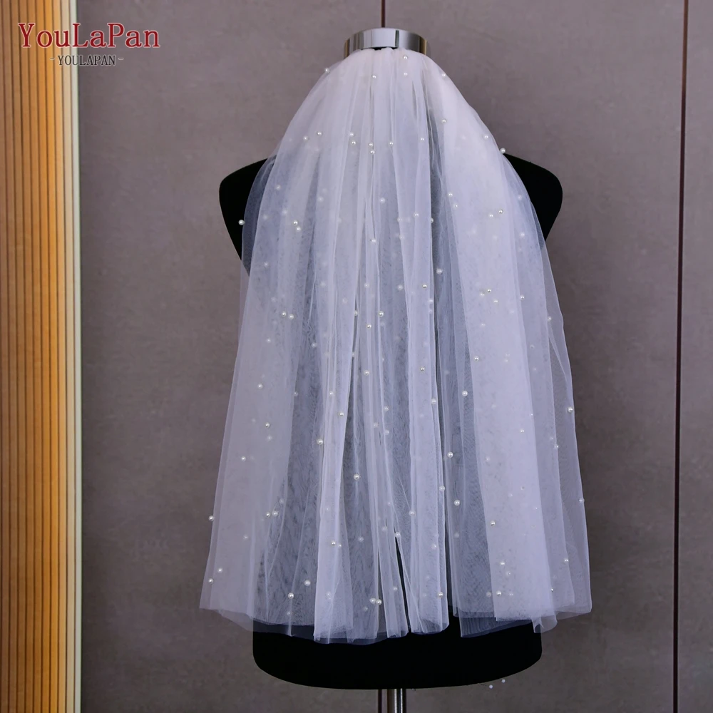 

YouLaPan V07 Pearls Wedding Veil with Comb White ivory Two Tier Veil with Pearls Beaded Veil Shoulder Length Veil for the Bride