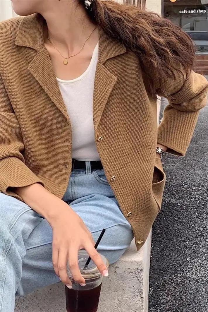 Осень-зима 2024 новый вязаный жакет-кардиган костюмный воротник однобортный