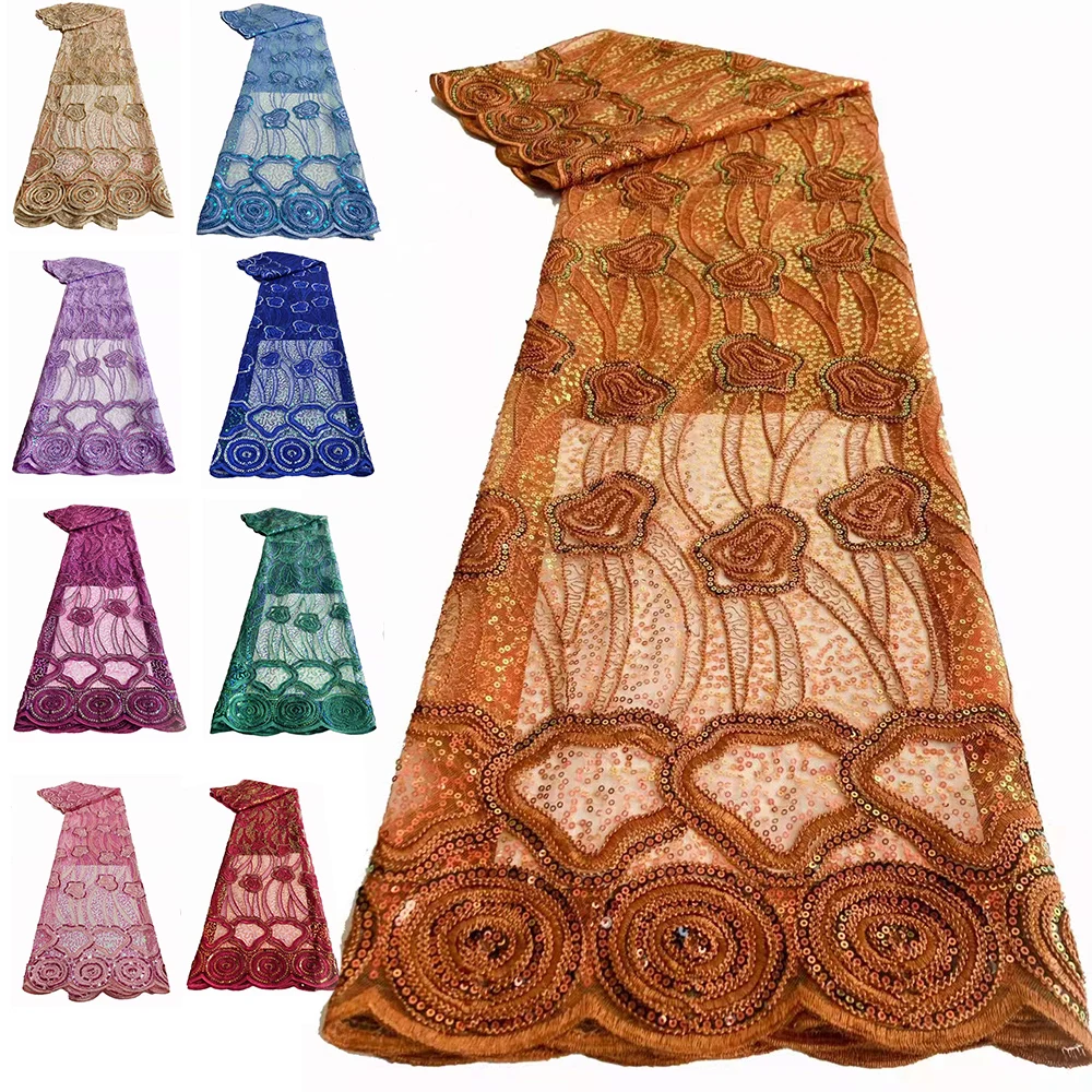 

African Flower Sequin Embroidery Thread Lace Fabric Bright Colors Tulle Mesh for Sewing Wedding Party Dress Evening Gown Textile