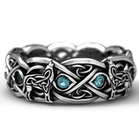 new vintage silver color celtic wolf rings for women and men blue cz stone inlay fashion jewelry party gift viking finger ring