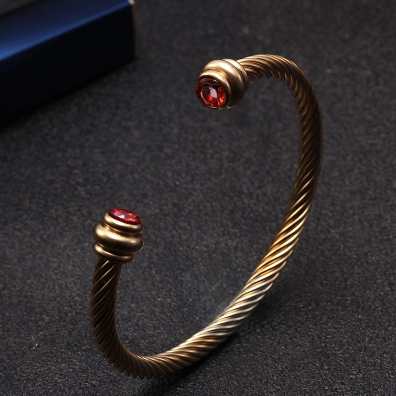 

Luxury Braided Open Men Women Red Crystal Sporty Bangles Classic Stainless Steel Chain Link Cuff Bracelets Jewelry Gift