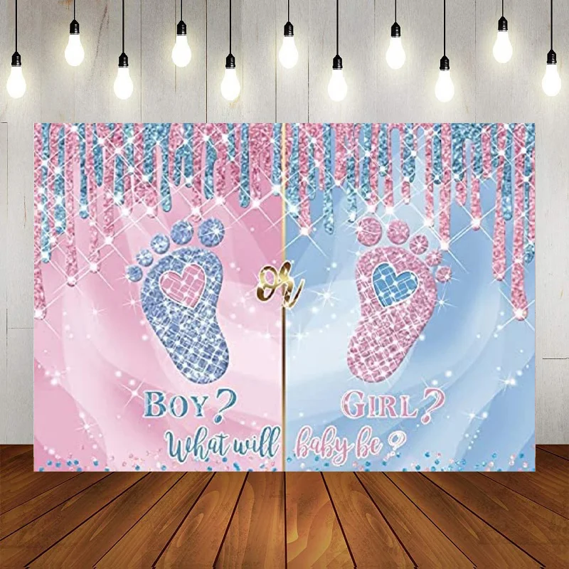 

Pink Blue Gender Reveal Girl Or Boy He Or She Backdrop Glitter Footprints Photography Background Party Decoration Newborn Banner