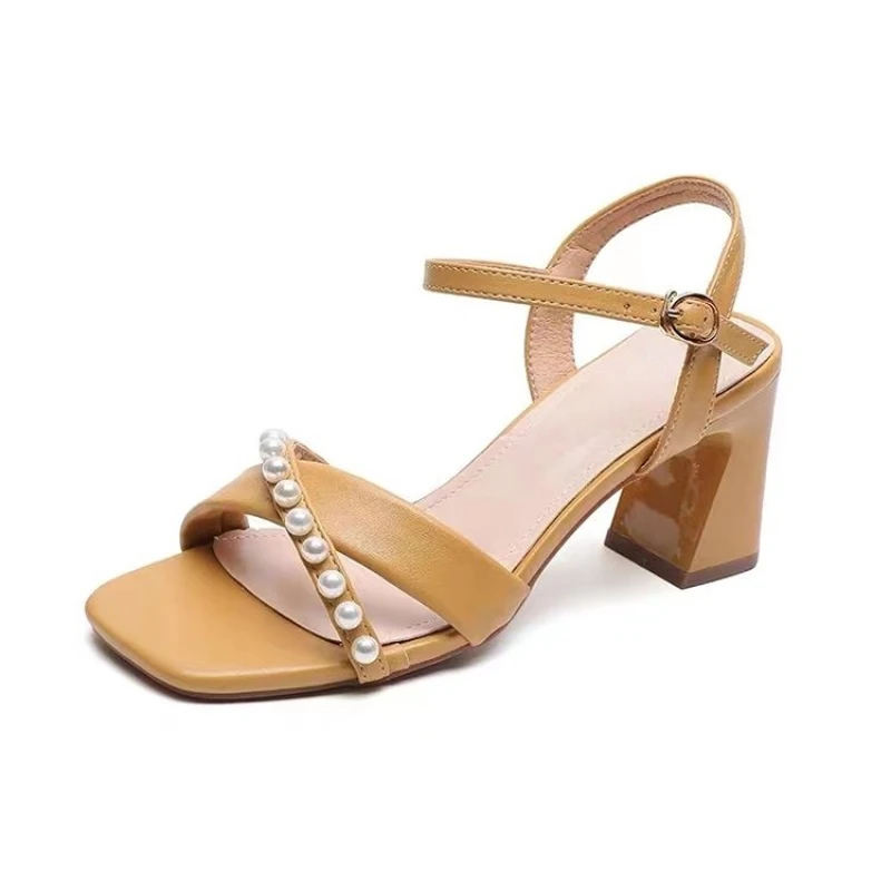 

2022 New Ladies High Heel Sandals Fashion Summer Ankle Buckle Strap Pearl Open Toe Square Heel High Heels