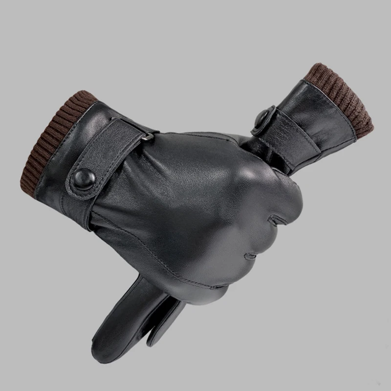 

Мужские кожаные перчатки для сенсорного экрана, зимние перчатки для мужчин, теплые шерстяные перчатки с флисовой подкладкой, Нескользящие мужские перчатки для вождения