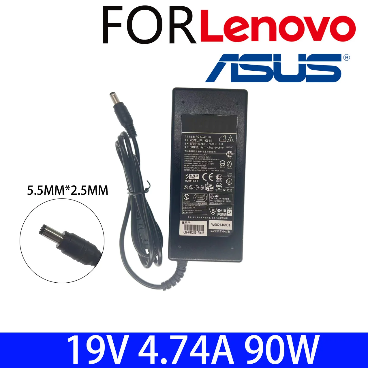 

19V 4.74A 90W 5.5*2.5mm Laptop Charger Power For ASUS Toshiba/Lenovo Adapter A46C X43B A8J K52 U1 U3 S5 W3 W7 Z3 Notebook
