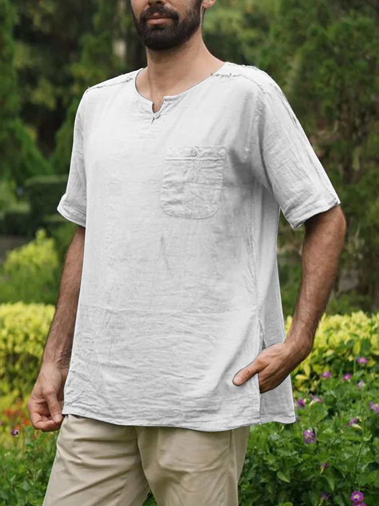 

Рубашка мужская однотонная с коротким рукавом, повседневная хлопковая Льняная блуза, модный Свободный пуловер с V-образным вырезом, топы, ул...