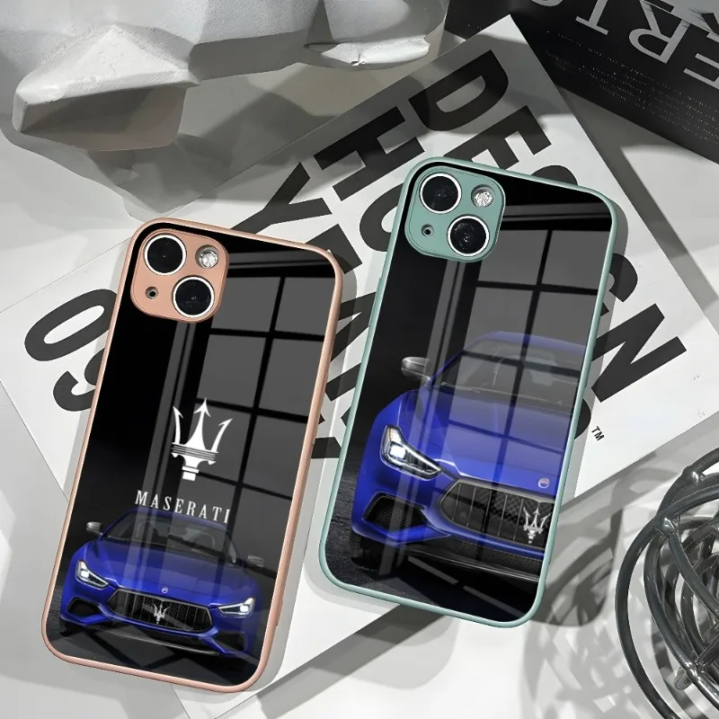 

Чехол для телефона Maserati с изображением спортивного автомобиля, новинка для IPhone 14, 13, 11, 12, XR, XS MAX, 7/8, X Plus, цветные чехлы из закаленного стекла для пар