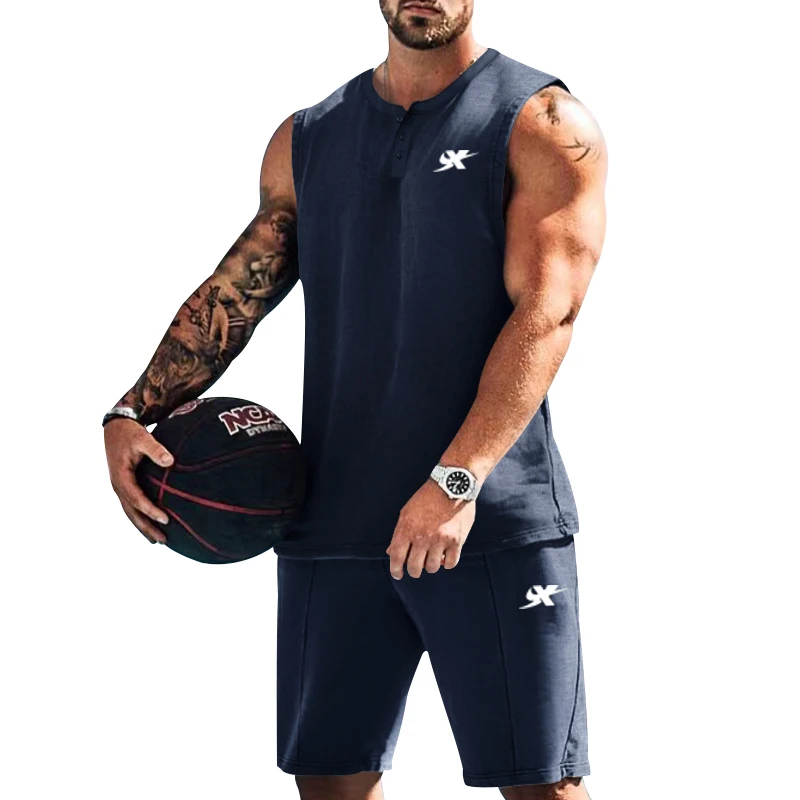 2023 Men's True or False Set Round Neck Sleeveless Casual Top+Sports Drawstring Elastic Waist Fitness Shorts Boutique Two Piece